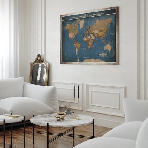 Image of DECORARTS - Oversized World Travel Map with Pins, Pin Board Canvas Wall Art, Extra Large Navy Blue Maps for Wall, Giclee Print, Handcrafted in USA, 40x30''
