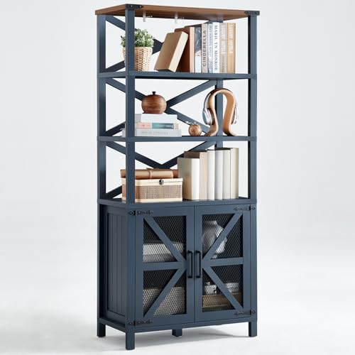 Joaxswe 5 Tier Bookshelf 70" Tall Bookcase with Barn Doors,Large