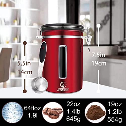 Foto von JENNIMER Edelstahl Kaffeedose 1.8L - 600g Bohnenkapazität mit transparentem Frischefenster - CO2-Ventil, Datumsanzeige, Messlöffel & Aromadichtes Aufbewahrungsbehälter für Kaffee(Rot)
