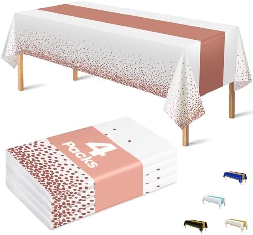 OHOME 4 Pack Disposable Plastic Table Cloths,White and Rose Gold Rectangle Table Covers for Birthday Bridal Bachelorette Pink Sweet 16 Party Decorations - Baby Shower Decorations for Girl 54" x 108"