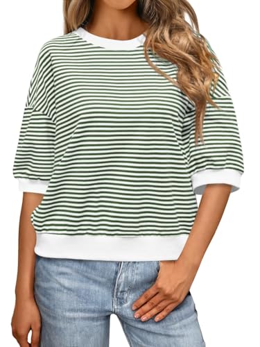 Tankaneo Womens Puff Sleeve Striped T Shirt Oversized Cropped Summer Casual Cotton Tops Loose Fitting Crewneck Sweatshirt