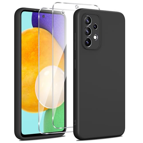 Olgary Silikon Hülle für Samsung Galaxy A52 4G/5G /A52S 5G Hülle 1 Handyhülle mit 2 Stück Panzer Schutz Glas Weiche TPU Slim Case Militärischer Schutz Kratzfest Stoßfest Schutzhülle Cover Schwarz