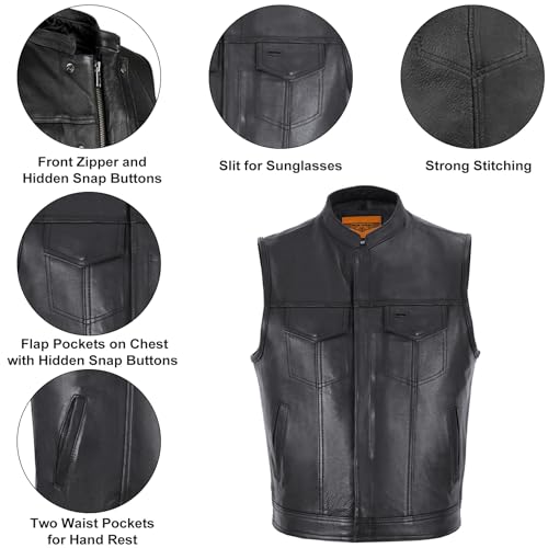 Dream Apparel Colete masculino de couro para motociclista SOA Club colete preto para andar com bolso