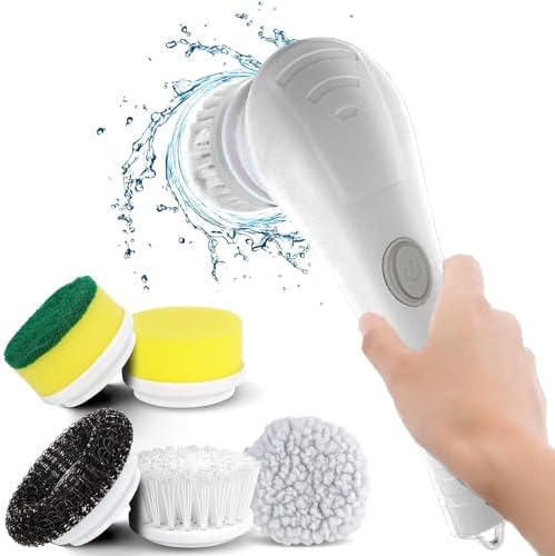 Electric Cleaning Brush, Cordless Electric Cleaning Brush with 5 Replaceable Heads, Lightweight USB Rechargeable Low Noise Cleaning Tool for Wall, Floor, Kitchen, Bathroom