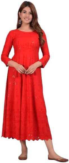 PIOUS LIBAS Women's Heavy Chikankari Long Anarkali Red Gown Kurta for Women (65P165GWN)