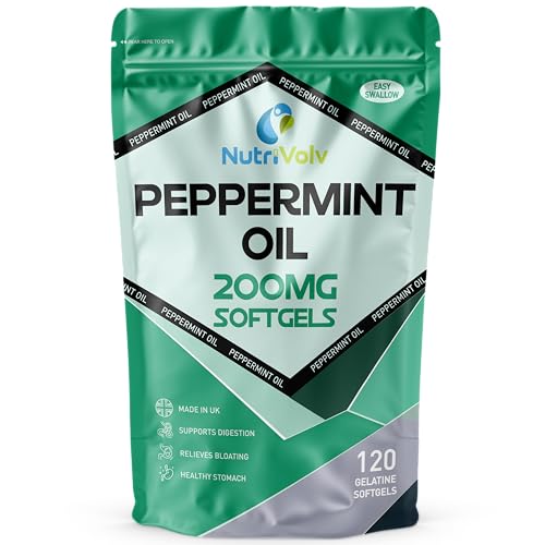 Nutrivolv Peppermint Oil 200mg | 120 Softgels | Fast Stomach & Bowel Relief | Healthy Digestion Support | Natural Peppermint Oil | Gelatine Capsules for Bloating IBS Gas Nausea & Indigestion