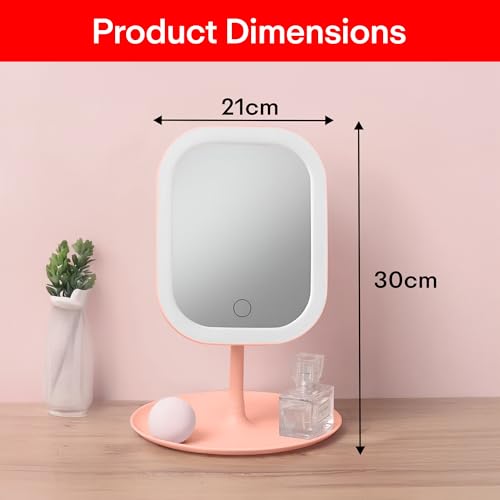 Image of Prime Pick Beauty Pro Makeup Mirror LED Light 360 Degree Rotating Vanity Mirror Lightweight Portable Tabletop Travel Mirror for Home Multipurpose Use Pink Pack of 1