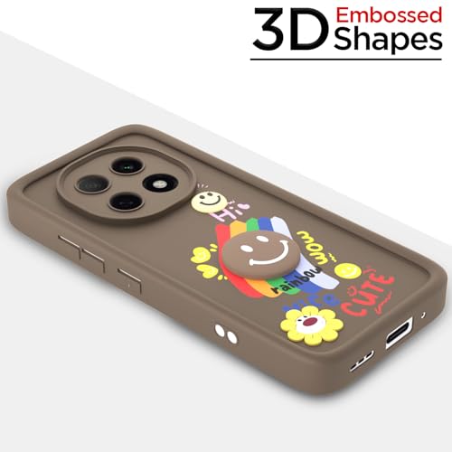 Image of Pikkme Back Cover for Oppo F29 Pro 5G | Soft Silicone| Cute Rainbow Smile & 3D Cartoon Flower Design | Shockproof Raised Camera Protection Bumper Case (Brown)
