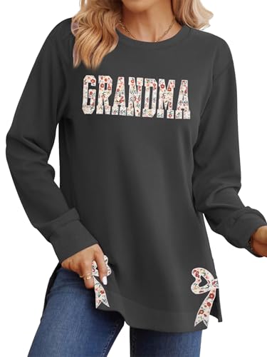 YI XIANG RAN Grandma Sweatshirt for Women Grandma Letter Embroidered Sweatshirt Mothers Day Crewneck Side Split Pullover Tops(DarkGrey Medium)