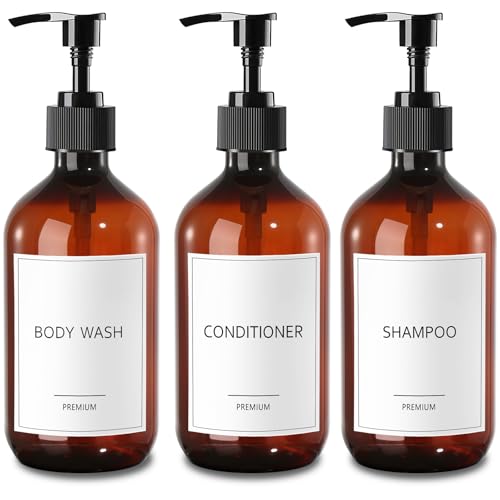 GMISUN Shampoo and Conditioner Dispenser 500ml Plastic Amber Soap Dispenser for Bathroom 3Pcs Shower Gel Dispenser Refillable Shower Pump Bottles Shampoo Conditioner Body Wash Dispenser with Pump