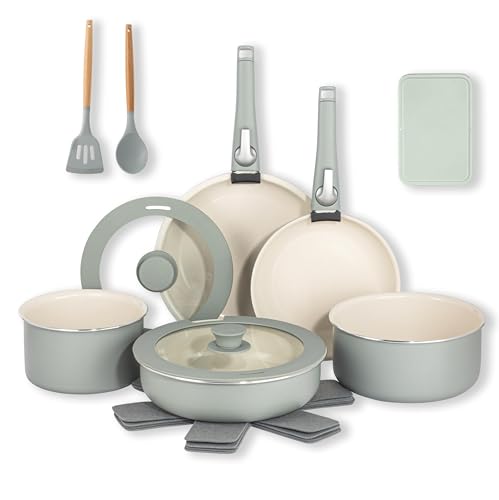 Gotham Steel 18 Pc Sage Green Non Stick Ceramic Cookware Set, Pots and Pans Set, Non Toxic, Dishwasher Safe, Oven Safe Up to 500°F