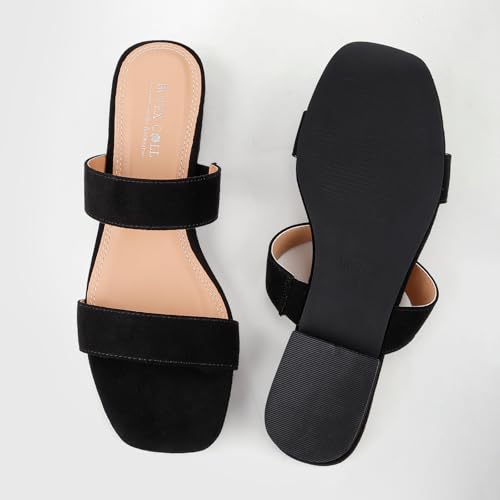 BCTEX COLL Women's Two Strap Low Block Heel Sandals Comfortable Open Toe Flat Sandals Dressy 1-Inch Heels for Women Black White Brown3