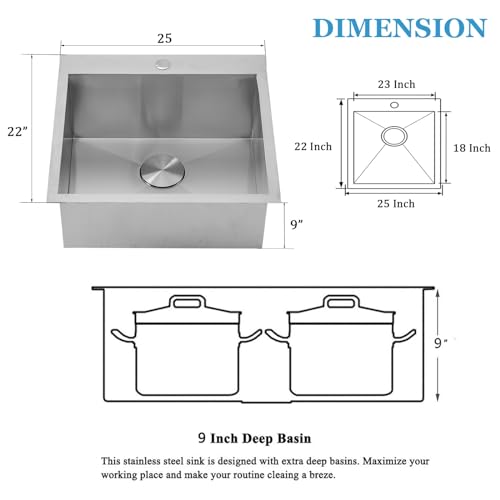 Image of 25 Inch Drop In Kitchen Sink, 25x22 Inch Topmount Stainless Steel Single Bowl Bar RV Laundry Utility Outdoor Wet Prep Small Sink with Drain