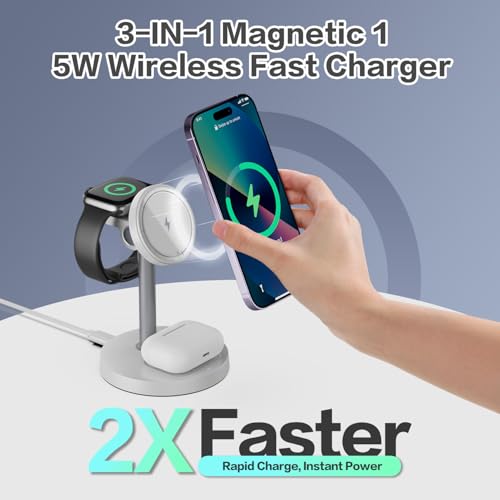 Image of 3 in 1 Wireless Charging Station Compatible with MagSafe, 15W Fast Charging Magnetic Mag-Safe Charger Stand for Apple iPhone 17 16 15 14 13 12Series Apple Watch AirPods Pro 4 3 2, Gifts for Men Women