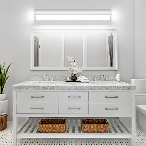 Image of 32-Inch LED Modern Bathroom Vanity Light Fixtures, Chrome Modern Acrylic Bathroom Wall Lighting Fixtures Over Mirror (Cool White 6000K)