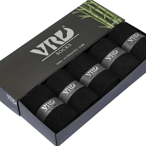 VRD Bamboo Mens Dress Socks for Men, 5-Pack, Black Crew Length Mid-Calf Socks, Mens Shoe Size 8-13