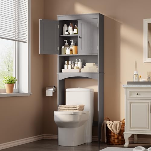 Gizoon Over The Toilet Storage Cabinet with Adjustable Shelf and Double Doors, Bathroom Space Saver Organizer Above Toilet with Open Shelf, Taller Woo