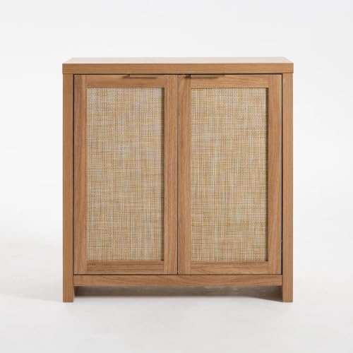 Image of OAKHAM HOME Rattan Sideboard Cabinet with Storage, Natural Oak, Set of 2 | Buffet Cabinet with 2 Soft-Close Doors, Adjustable Shelves and 110 lbs Top, For Living Room, Kitchen, Entryway