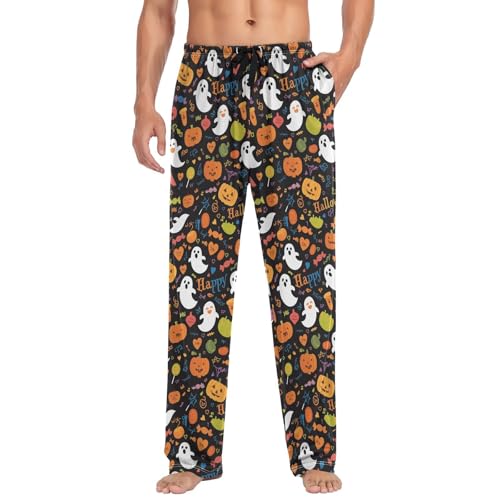 Men’s Halloween Ghost Pumpkin Pajama Pants with Pockets, Comfortable Lounge Sleep Bottoms#4473