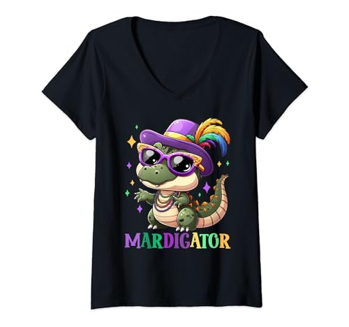 Mujer Disfraz divertido de Mardi Gras de Mardigator para niños y niñas, Mardi Gras Camiseta Cuello V