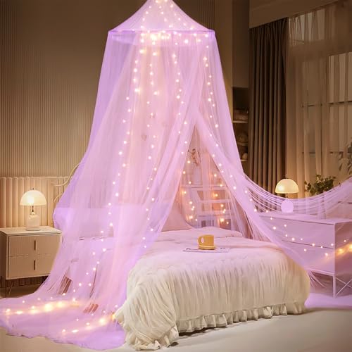 Bed Canopy with Lights, Bed Canopy for Girls Princess with Luminous Stars, Canopy Bed Curtains for Twin to King Size Bed, Baby Kids Adult Indoor Decor Bedroom Reading Nook Outdoor Camping, Purple