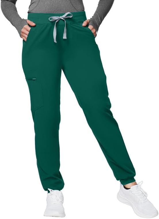 Kitmaz Scrub Pants for Women - Mid Rise 4-Way Stretch Anti-Wrinkle Slim Fit Jogger Pants, Drawstring & 5 Pockets Hunter Green