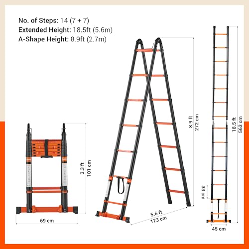 Image of Bathla 18.5 Ft A-Type Foldable Steel Telescopic Ladder with Support Wheels | Portable, Compact & Multipurpose Ladder for Home, Industrial and Outdoor Use