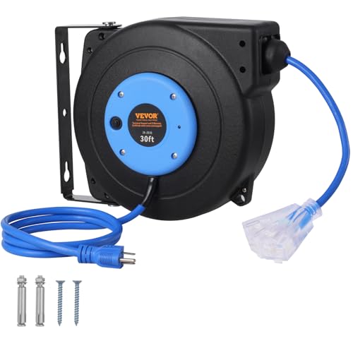 VEVOR Retractable Extension Cord Reel, 30 FT, Heavy Duty 16AWG/3C SJTOW Retractable Power Cord Reel with Lighted Triple Tap Outlet 10 Amp Circuit Breaker, for Ceiling or Wall Mount, Blue