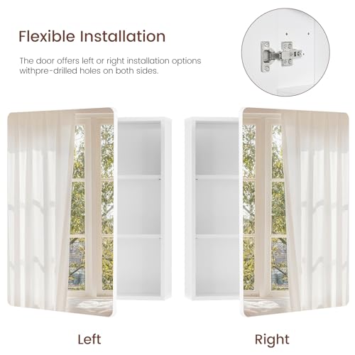 Image of TEENFON Medicine Cabinet Mirror with 2 Adjustable Shelves, Bathroom Mirror with Storage, Recessed or Wall Mount Bathroom Cabinet, Wood Bathroom Wall Cabinet, White, 23.6'' x 17.7''