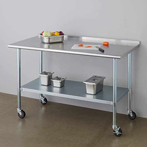 Image of Stainless Steel Table for Prep & Work with Caster & Backsplash 30x60 Inches, NSF Metal Commercial Kitchen Heavy Duty Table with Adjustable Under Shelf and Table Foot for Restaurant, Home and Hotel