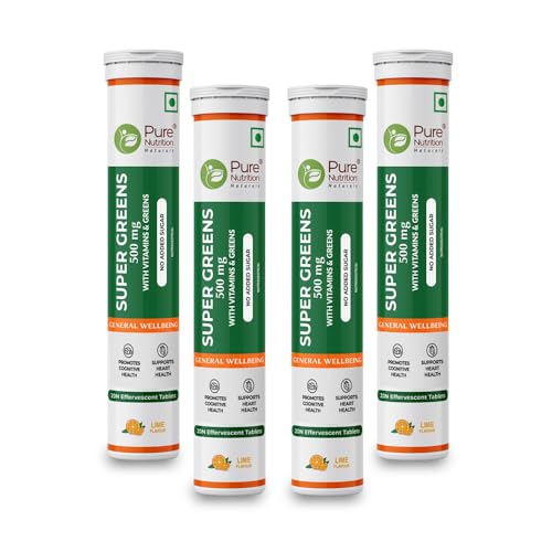 Image of Pure Nutrition Super Greens 80 Effervescent Tablets (20x4) with Moringa, Spirulina, B Vitamins | 14+ Vitamins, Herbs, Superfoods & Antioxidants for Immunity & Overall Wellbeing