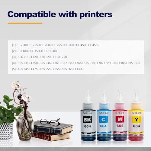 Image of ASV T664 Refill Ink Bottle Compatible for Printers L1300, L310, L361, L380, L405, L565, L365, L485, L220, L360, L130 (664-4 Color Combo) (70ml Each)