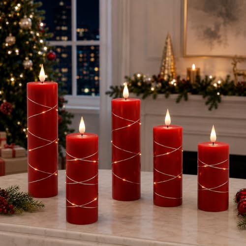 Image of Kiexung Red Flameless Candle Fairy String Light, Water Drop Flame, Advanced LED Flame Simulation with Remote and Timed Candles, 5-Cell Battery Powered,Christmas Candle