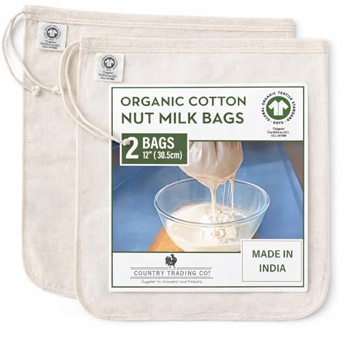 Quality Nut Milk Bags for Straining Almond Milk - 2 Pack Unbleached Organic Cotton - 12' x 12' Reusable Juice Oat Milk Cold Brew Filter Bag