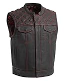 First Mfg Co - Upside - Leather Vest: 2.5' Shorter Fit, 1.0-1.1mm Diamond Naked Cowhide, Club Style, Diamond-Stitched Shoulders, Ykk Zippers, Patch-Ready, Red Stitching