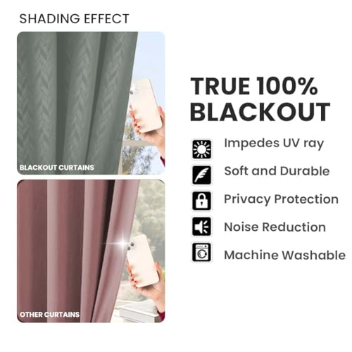 Image of LINENWALAS 100% True Blackout Curtains 7.5 Feet Long - Set of 2 Panels, Herringbone Embossed Design Complete Light Block, Thermal Insulated & Noise Reducing Room Darkening Curtains (Light Grey)