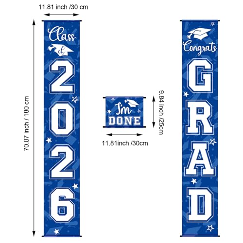 Image of Moukeren 3 Pieces 2026 Graduation Party Decorations Graduation Porch Sign Class of 2026 Grad Hanging Porch Banner Backdrop Door Sign for Grad Party Home Door Wall Decor(Blue)