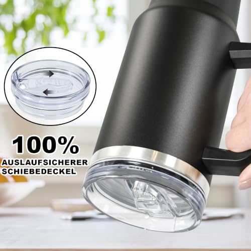 FECBK Thermobecher mit Strohhalm, Henkel und 2 Deckeln 1,2L, Schwarz – Ansicht 3