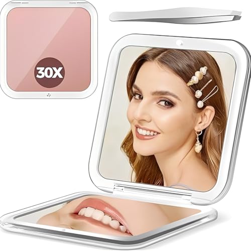 Miroir grossissant de voyage, Miroir de Maquillage 30x/1x avec grossissement, Miroir de poche, Petit Miroir de Maquillage 8.5 x 8.5 cm, Miroir de Voyage...