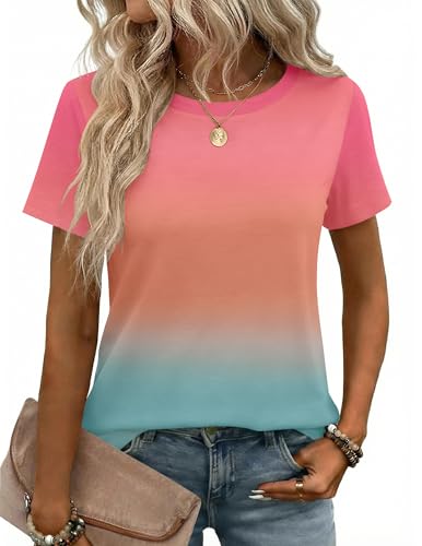 La Mejor Recopilación de Trajes y americanas para Mujer Top 5. 50 Zeagoo - playera de manga corta para mujer, cuello redondo, casual, básica, ropa de primavera, Z Gradient Blue Pink 218, X-Large