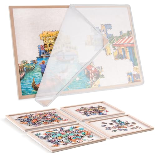 Jigsaw Puzzle Board with 4 Sorting Trays, 1000 Pieces Playing Surface with Protective Cover, 31.5' x 24' Felt Display Board