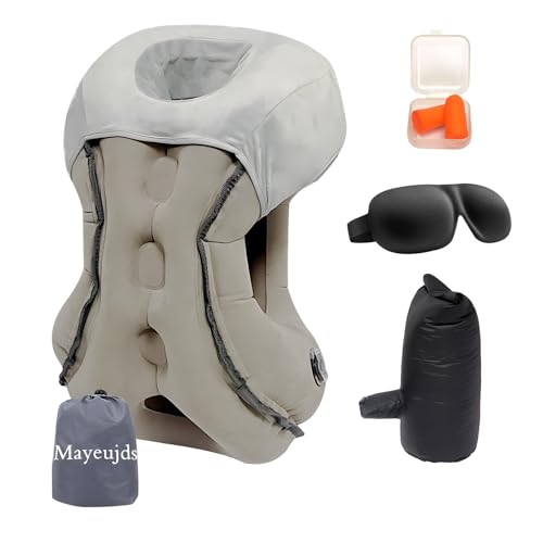 旅行枕、新しいアップグレード飛行機の枕、飛行機枕の両端の大きさの頭の設計は首筋を完璧に支持し、空気入れバッグ、眼帯、耳栓と枕カバーを取り外しやすく、2種類の空気入れ方式、携帯に便利で、旅行、出張中の多種のシーンの睡眠に適している (グレー)