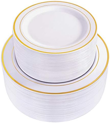 WDF 120 pieces Gold Disposable Plastic Plates - Gold Rim Plates Set of 60, Plastic Plates for Parties, Disposable Gold Party Plates, 10.25" Dinner Plates & 7.5" Salad Plates for Weddings and Holidays