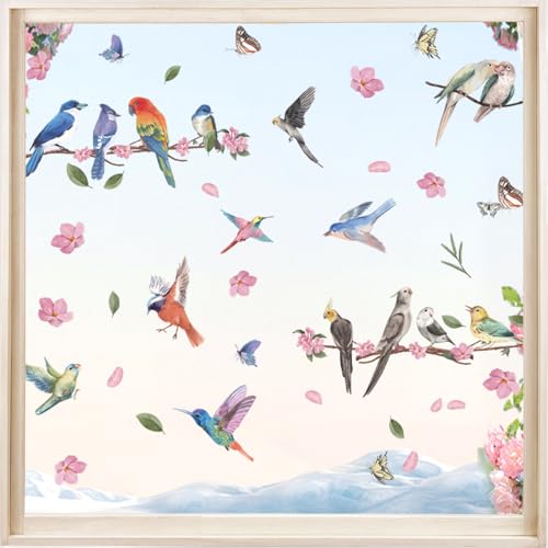 Autocollants de Fenêtre Printemps – Stickers Électrostatiques Réutilisables avec Motifs Fleurs et Oiseaux – Décoration Printanière pour Vitrines,...