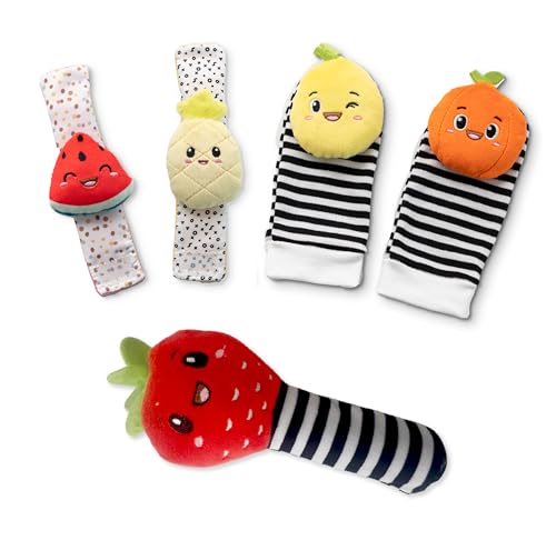 Image of BABY K Strawberry Rattle Socks, Wrist and Hand Rattles - Newborn Toys for Baby Boy or Girl - Brain Development Infant Toy - Suitable for 3-6, 6-12 Months