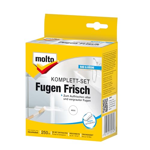 Molto Fugen Frisch, Komplett-Set, Zum Auffrischen von alten und vergrauten Fliesenfugen, Weiß, 250 ml