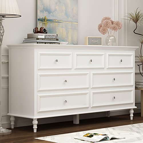 Ecacad Modern Storage Double Dresser With 7 Drawers, Wood Dresser Chest Of Drawers With Silver Handles For Bedroom, Living Room, White (55.2”W X 15.7”D X 29.6”H) #TOP20