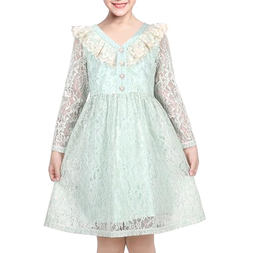 Vestido para niña Verde Floral Encaje Cuello en V Volante Fruncido Perla Manga Larga Fiesta 14 años