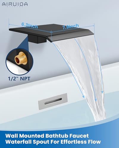 Airuida Grifo para Bañera con Caño Tipo Cascada y Ducha de Mano - Negro Mate | Caño Ángulo Biselado, Control de Una Manija, Válvula Incluida, Montaje en Pared miniatura 3