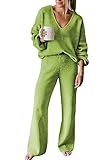Viottiset Women's 2 Piece Outfits Sweater Lounge Set V Neck Knit Top Wide Leg Pants Sets Sweatsuit Lime Green M
